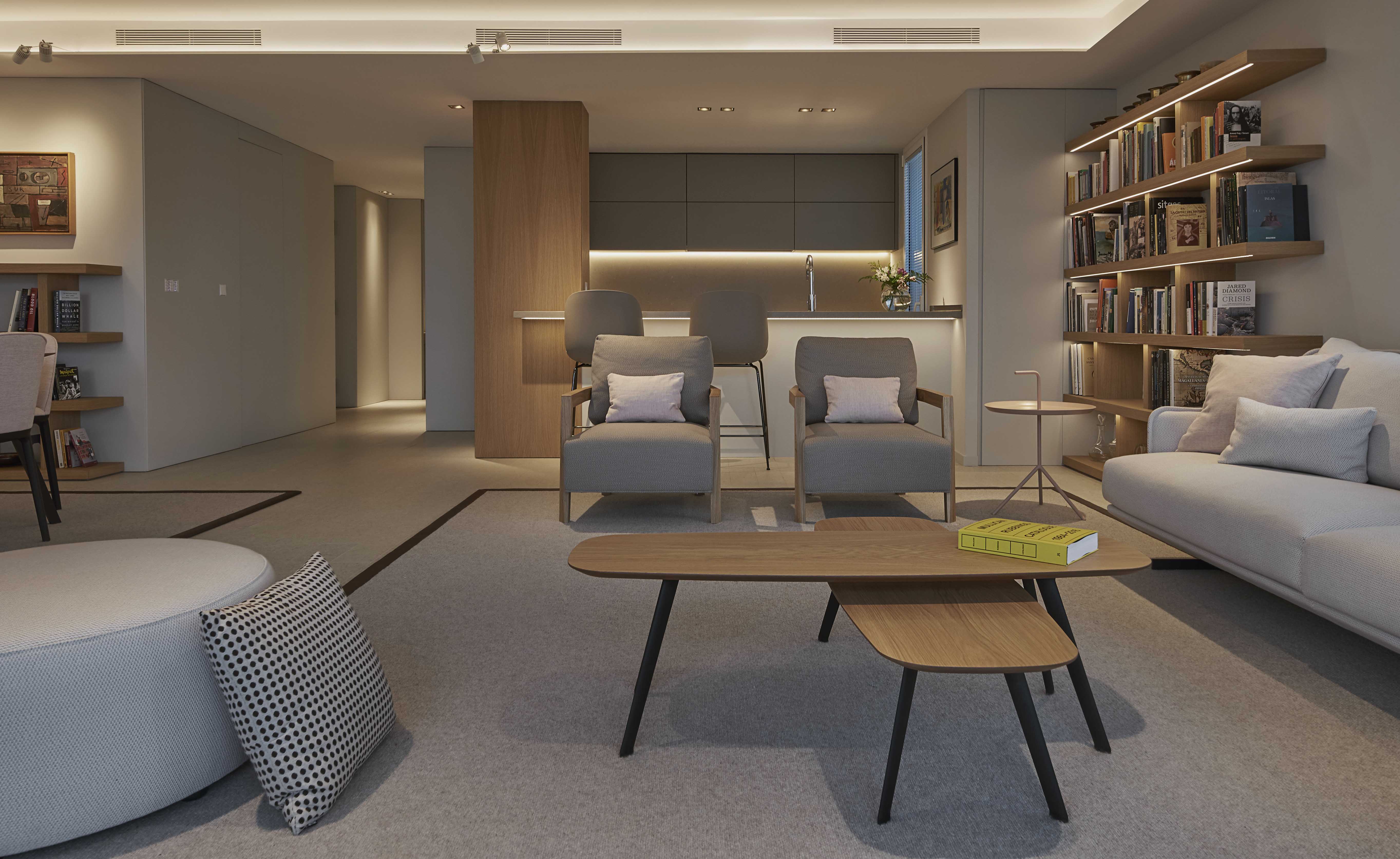 modern living space design in oak wood and grey tones