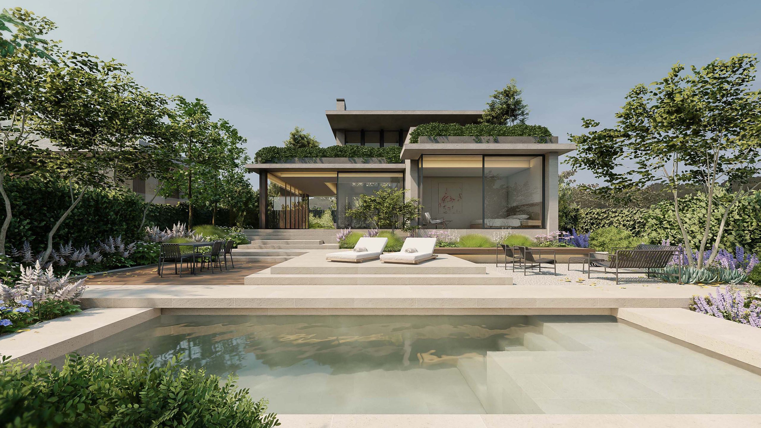 mid-century modern villa in Spain. luxury house in La plana Sitges. Barcelona. swimming pool view