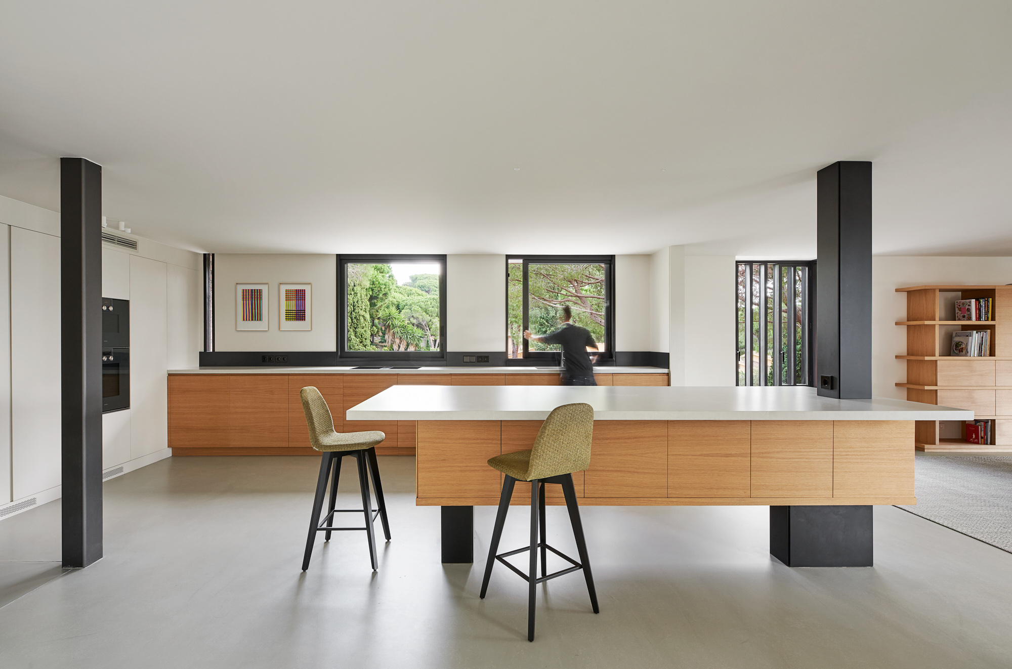 modern kitchen design with floating kitchen island in oak wood