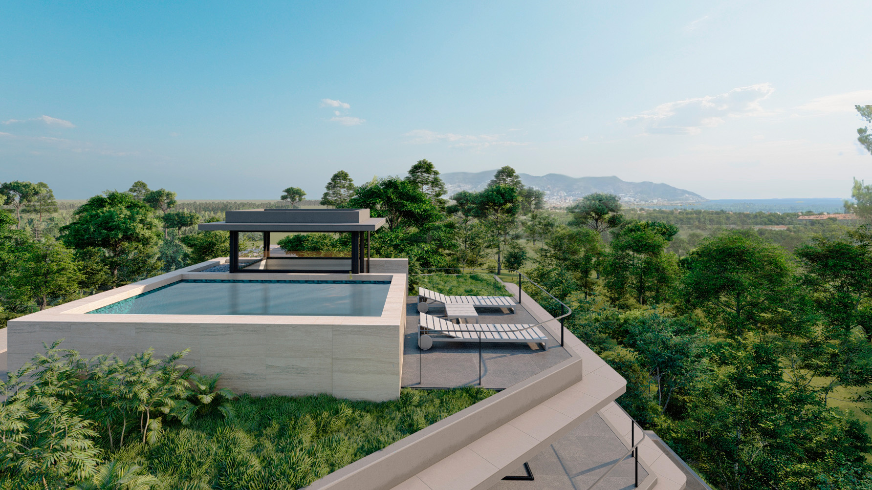 view from the rooftop of a modern villa on the mediterranean sea