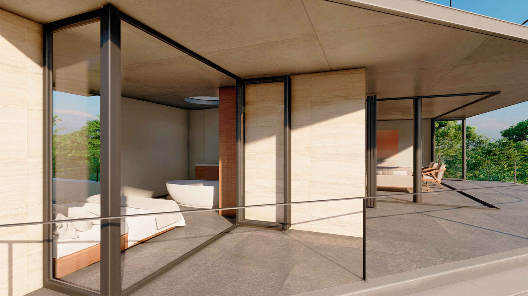 modern villa with concrete overhangs, huge terraces and glass sliding doors