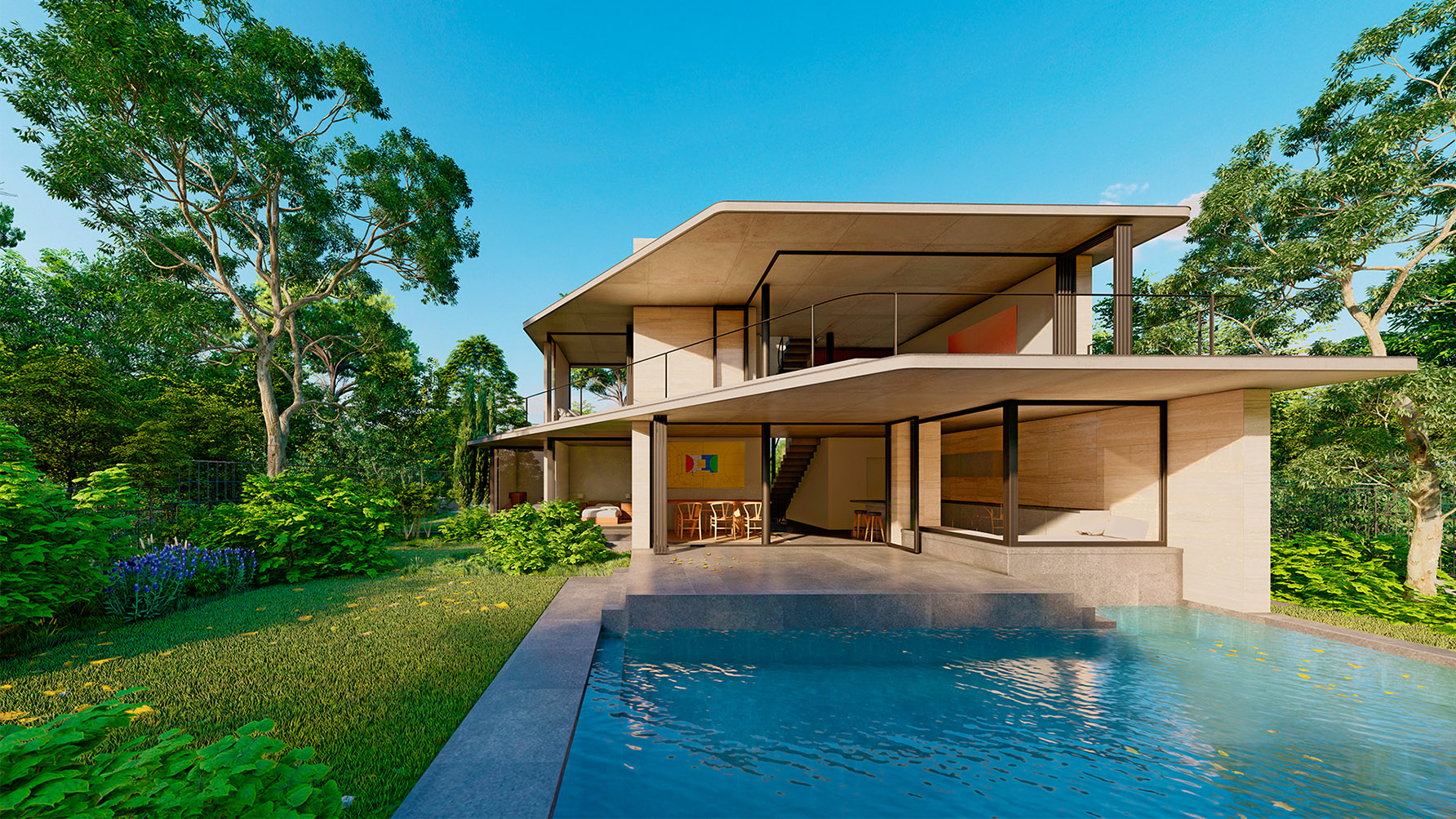 modern villa with concrete overhangs and swimming pool