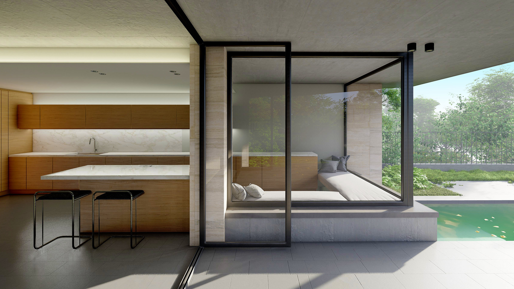 modern interior design with integrated exterior