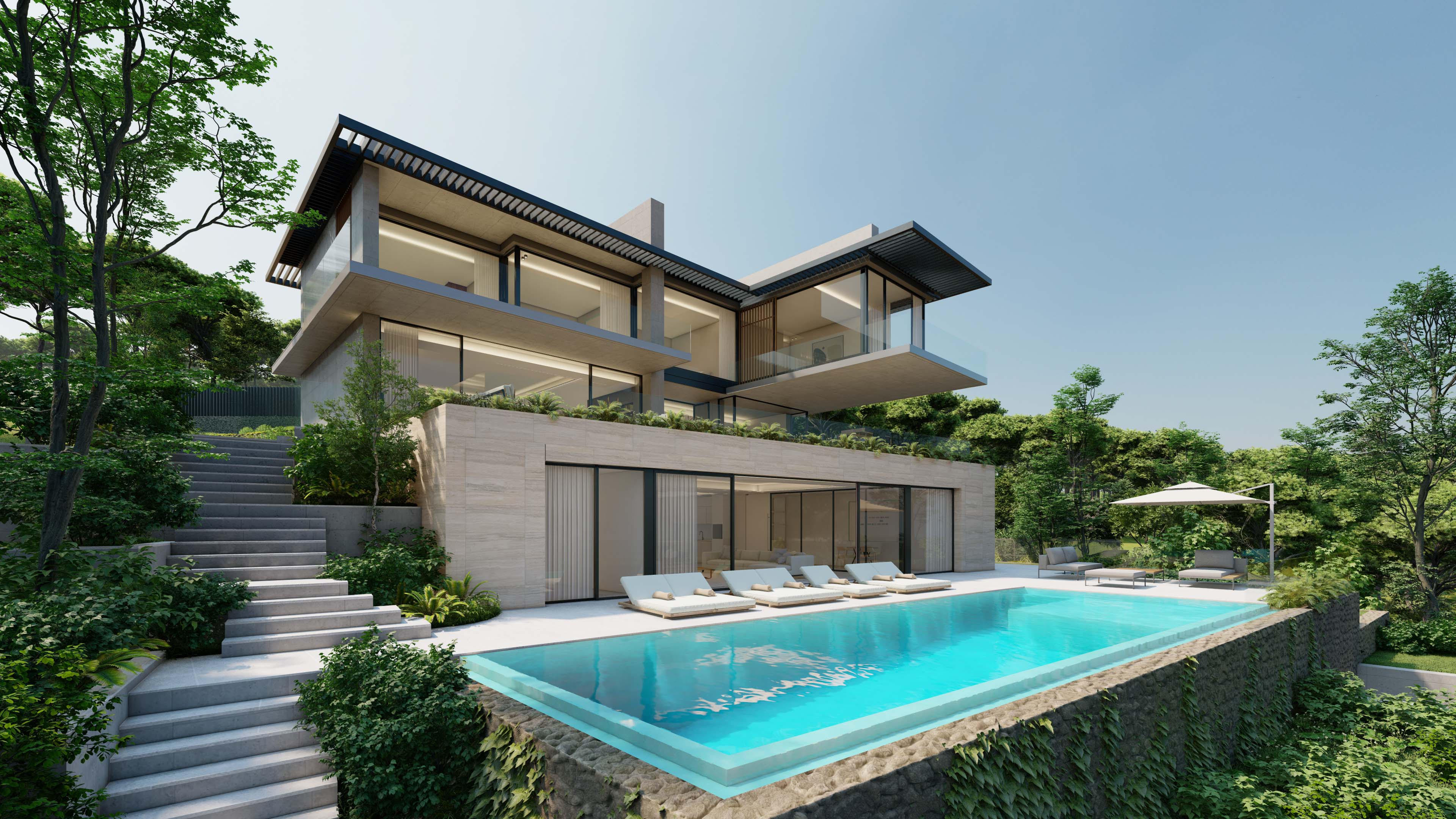 a villa on a slope with pool