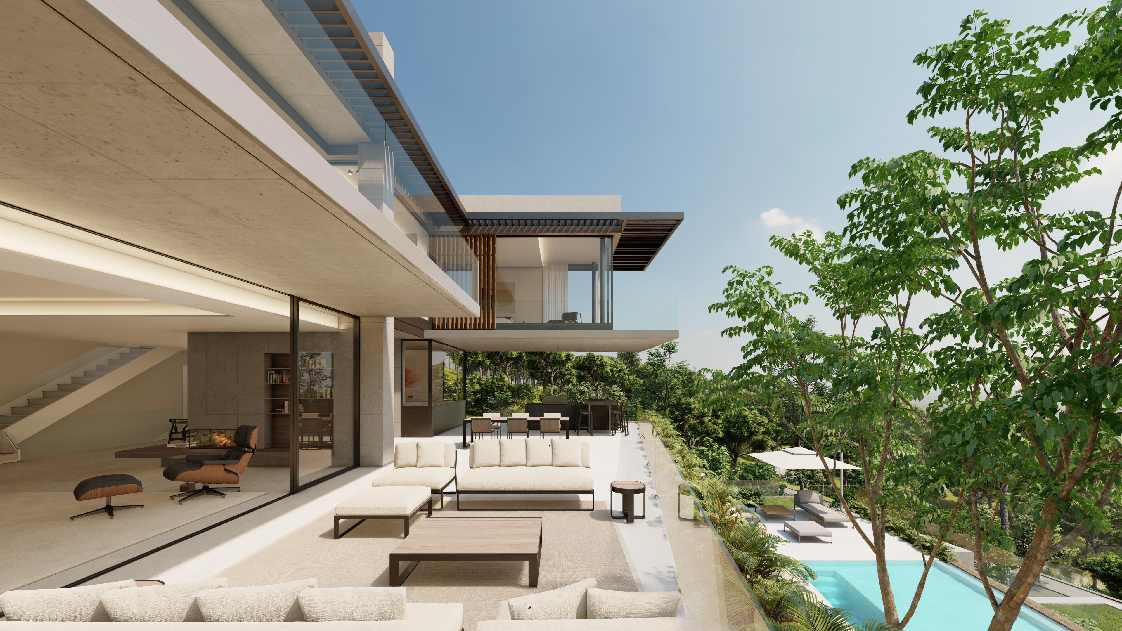 a concrete villa with pool