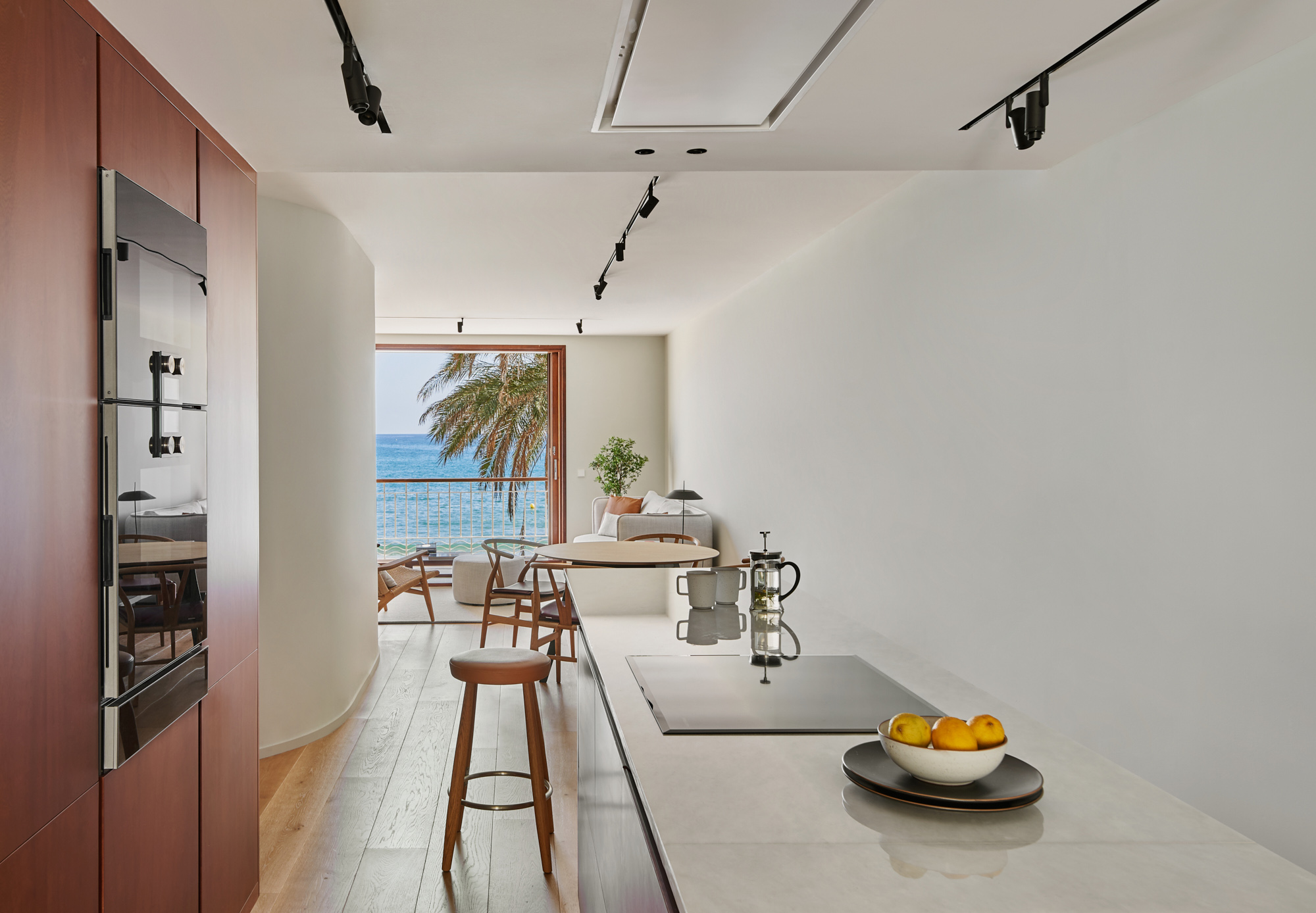 a modern kitchen with seaview
