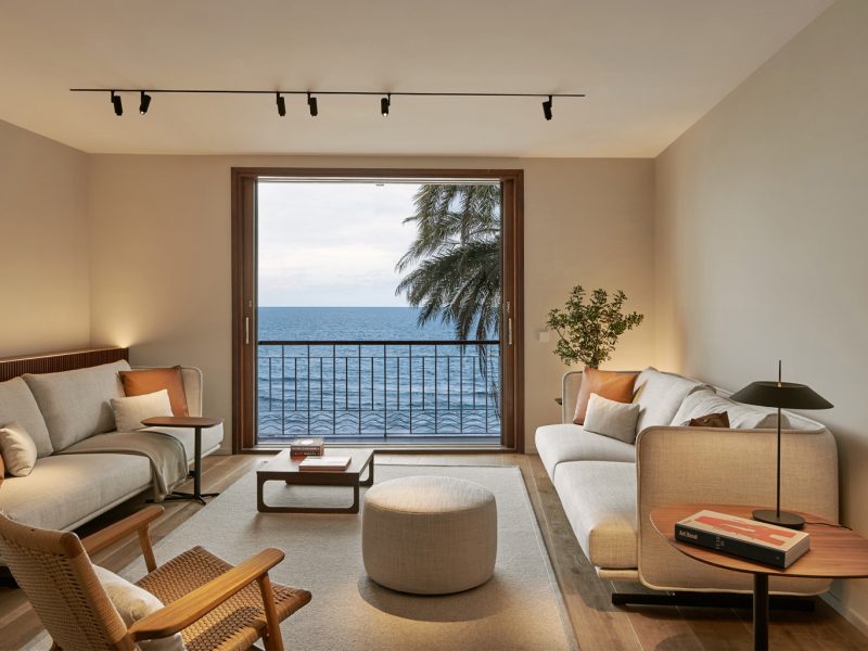 a modern living room with seaview